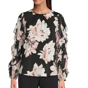 Anne Klein Women's Floral Ruffle Sleeve Blouse 1X NWT